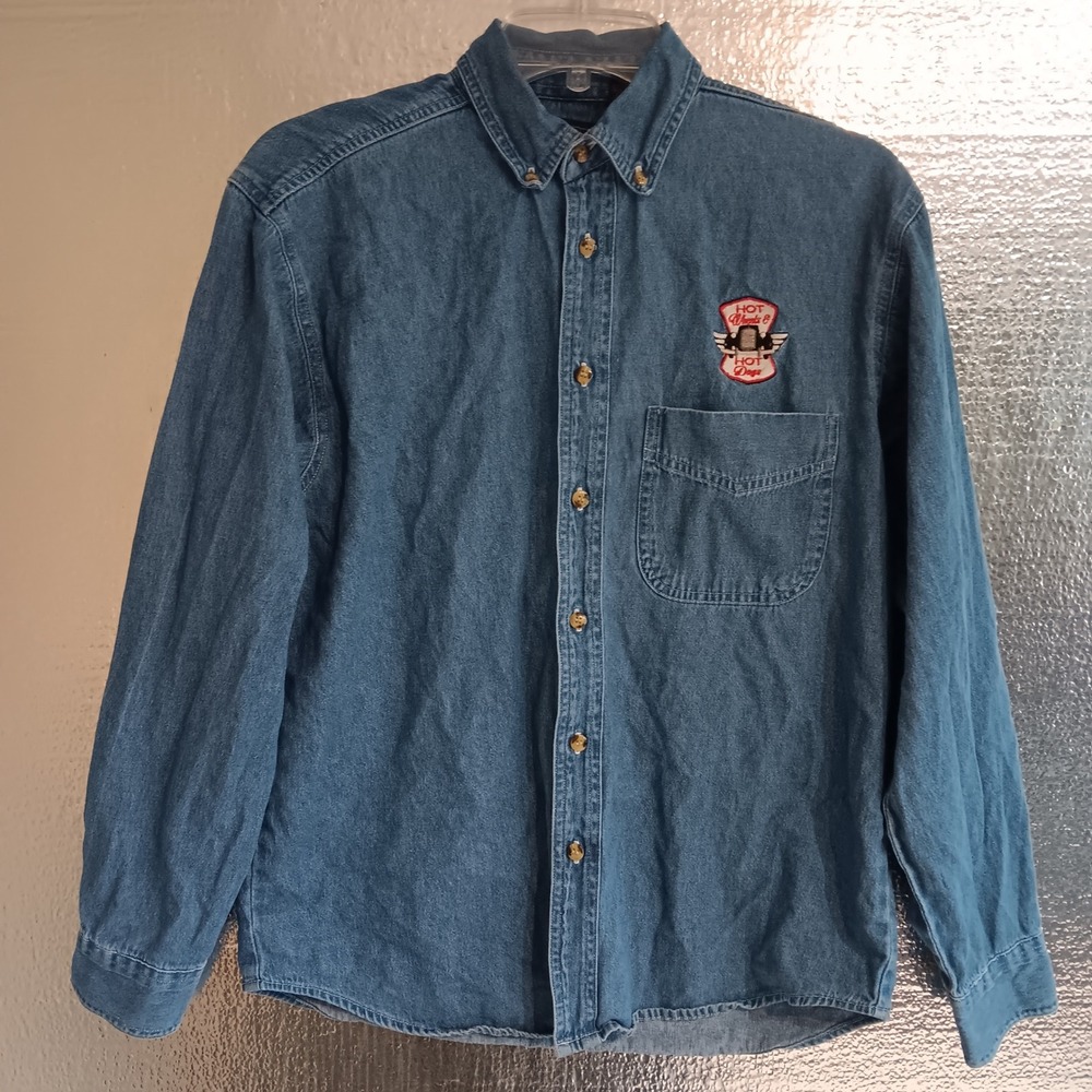 Blue Generation Vintage Denim Shirt Mens Blue EUC Hot Wheels Hot Dogs Patch